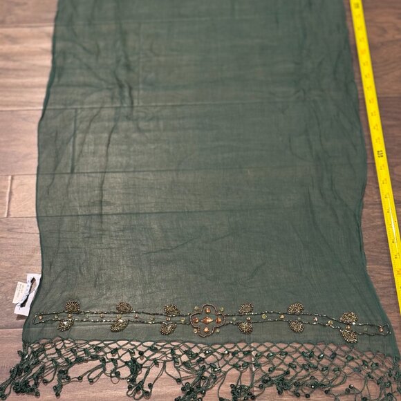 Sue Wong 100% Silk Scarf Dress Green Gold Sheer Shawl Hand Beaded Jewel Large #2 - Picture 13 of 14